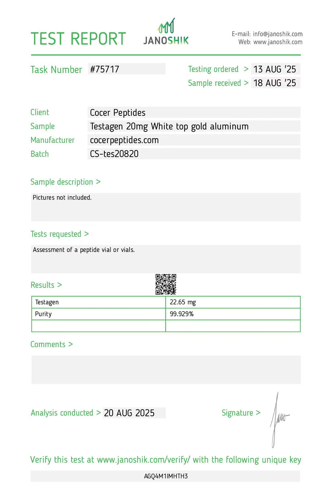 Janoshik public reference COA scan 9