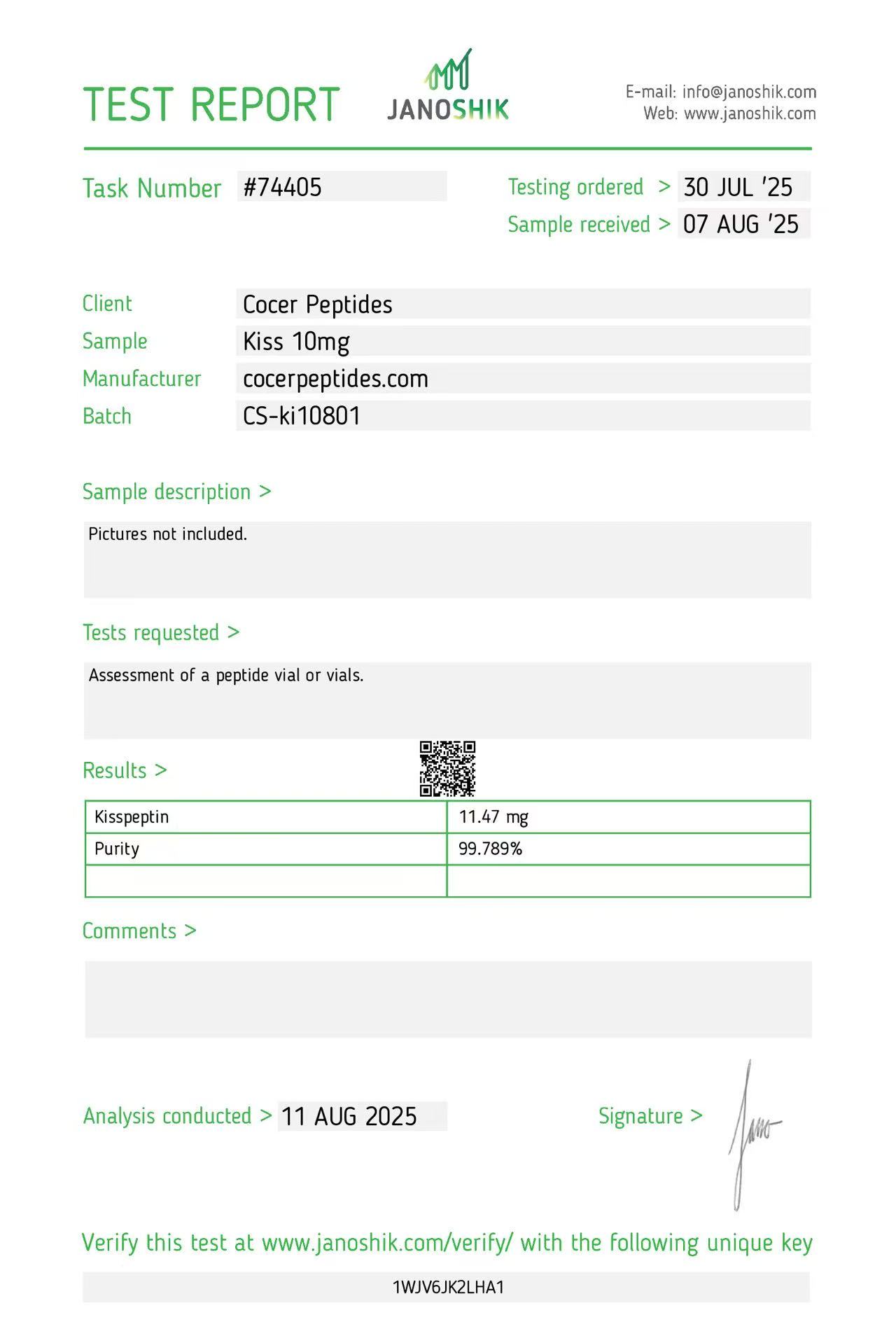 Janoshik public reference COA scan 67